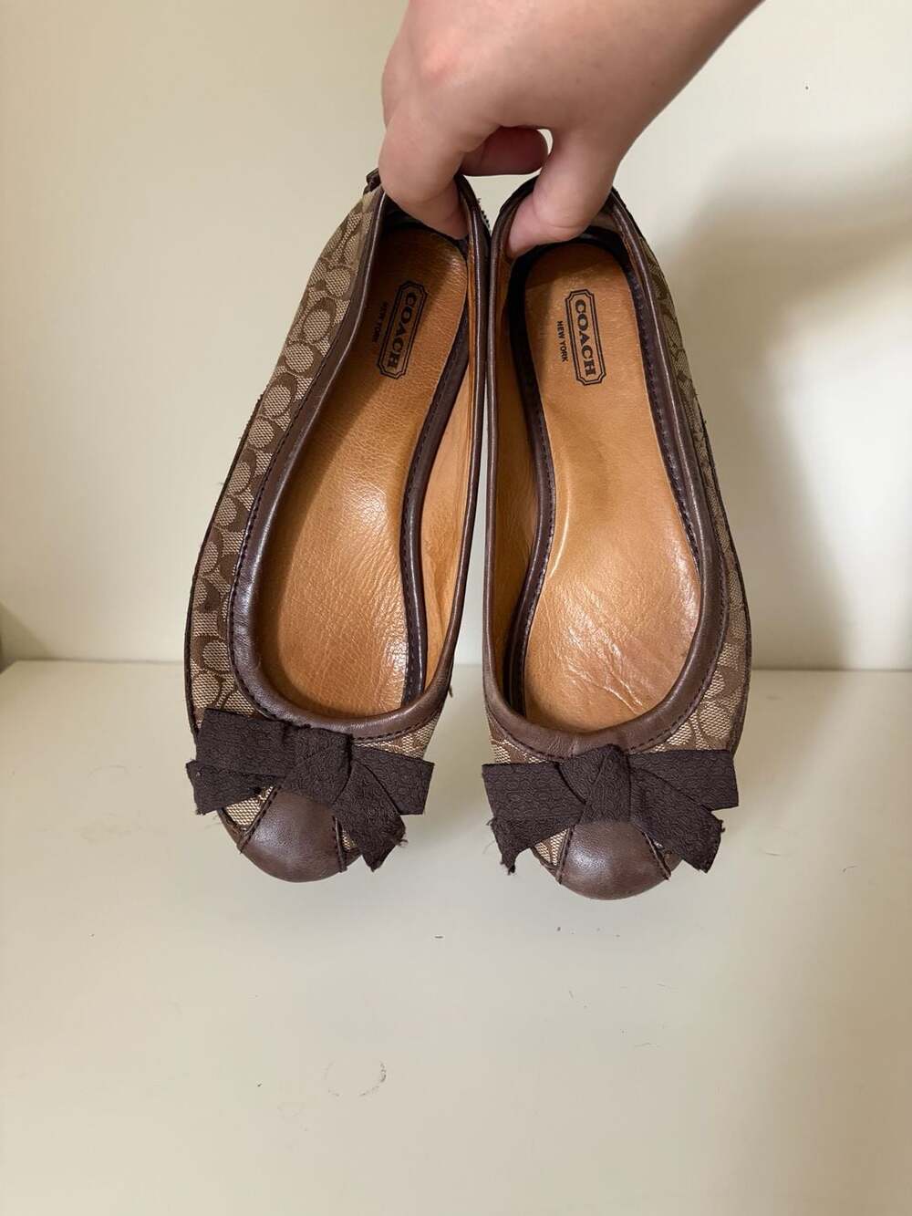 Coach Signature C Brown Jacquard Leather Bow Ballet Flats
